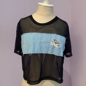 LF black mesh shirt with denim overlay